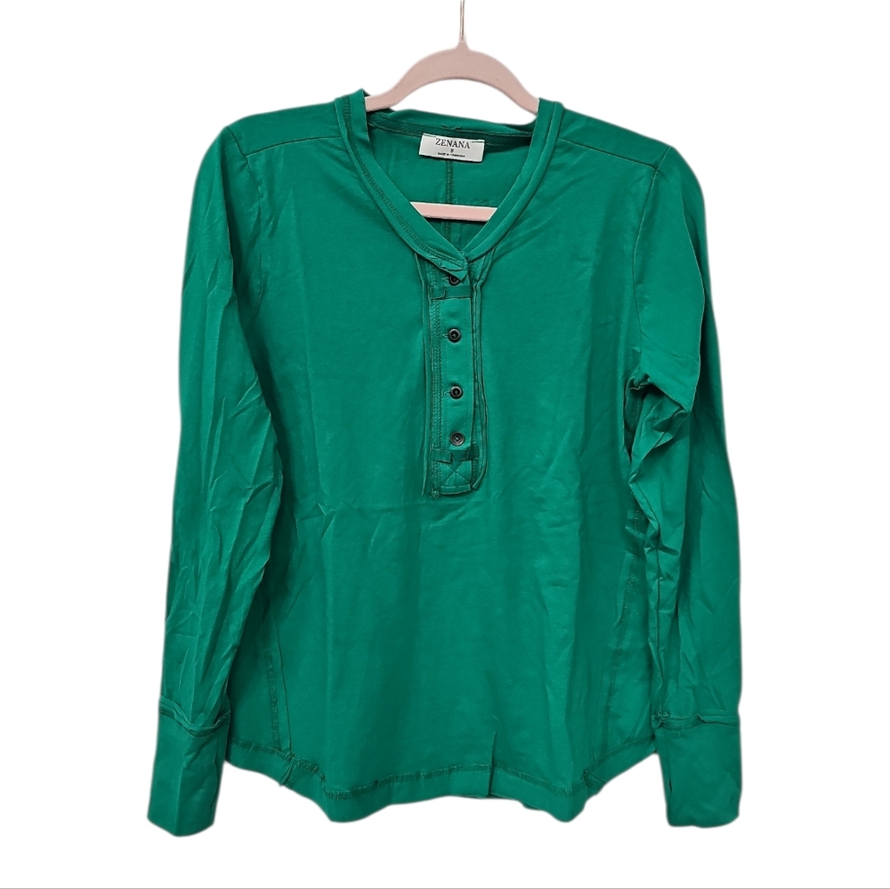 New Zenana Green Henley Top Size S Long Sleeve Button Down